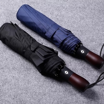 Fully Automatic 10 Ribs Wind Resistant Solid Wood Handle Engraved with Three Fold Men's Business Umbrella