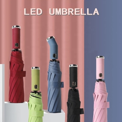 23 inch Pongee Panel LED Fold Umbrella with 10 Bones and Double Bone Automatic Flashlight