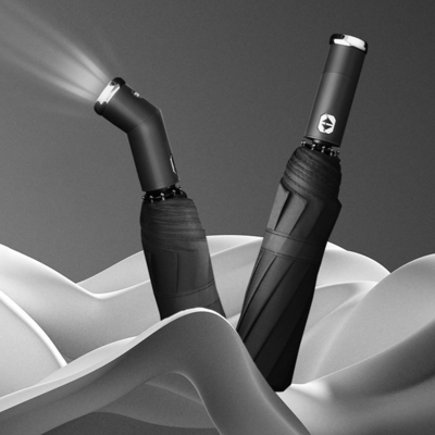 23 inch Pongee Panel LED Fold Umbrella with 10 Bones and Double Bone Automatic Flashlight