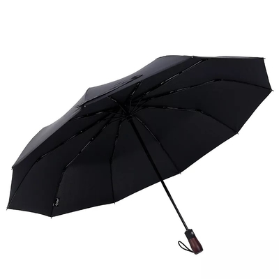 Fully Automatic 10 Ribs Wind Resistant Solid Wood Handle Engraved with Three Fold Men's Business Umbrella