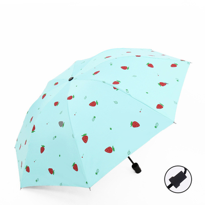 Ladies Three Fold Blue Umbrella with Strawberry Dot Pattern All-Season Manual Open