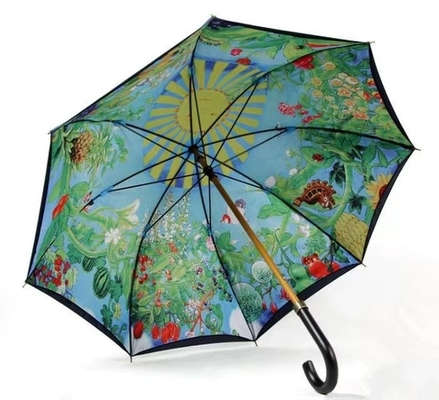 Minimalist Design Style Printed Double Umbrella with Wooden Shaft and Hook Handle