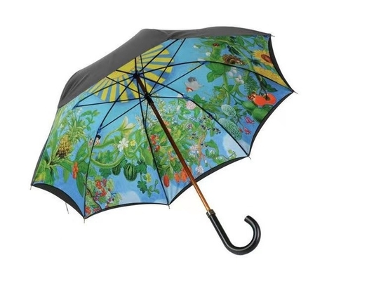 Minimalist Design Style Printed Double Umbrella with Wooden Shaft and Hook Handle