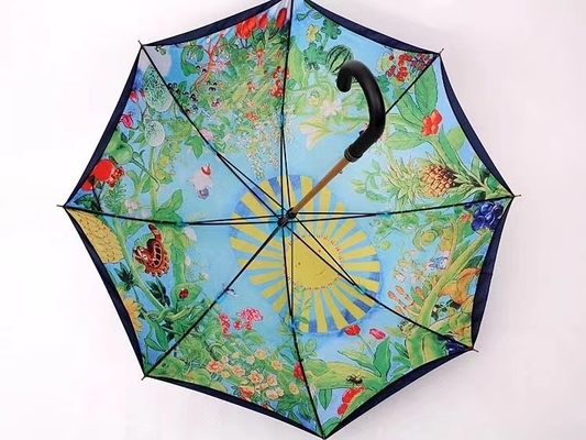 Minimalist Design Style Printed Double Umbrella with Wooden Shaft and Hook Handle
