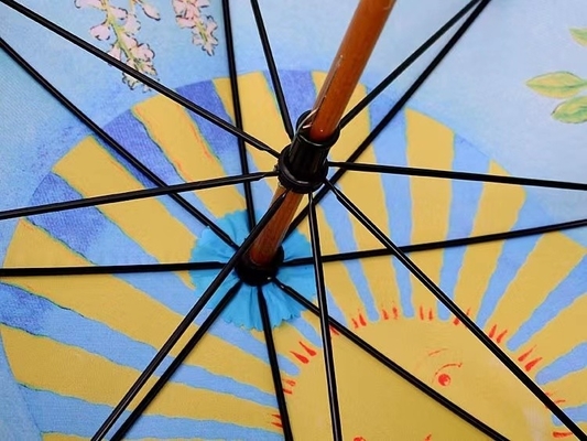 Minimalist Design Style Printed Double Umbrella with Wooden Shaft and Hook Handle