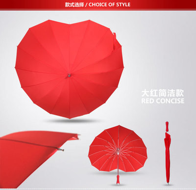 Adults Creative Bright Red Heart-Shaped Sunshade Long Handle Umbrella for Wedding