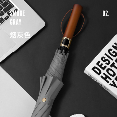 190T Pongee Long Handle 3 Fold Wood Handle Men's Business Umbrella Plus Size Windproof Golf Gift Umbrella Custom Logo