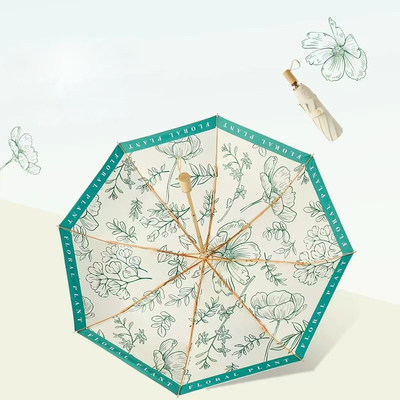Classic Style Chinese Flower Printing Wooden Handle 3 Fold Umbrella for Wedding Decor