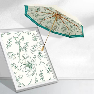 Classic Style Chinese Flower Printing Wooden Handle 3 Fold Umbrella for Wedding Decor