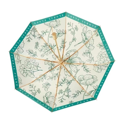 Classic Style Chinese Flower Printing Wooden Handle 3 Fold Umbrella for Wedding Decor