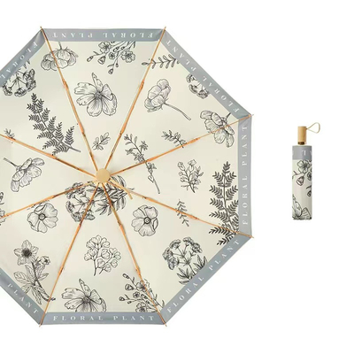 Classic Style Chinese Flower Printing Wooden Handle 3 Fold Umbrella for Wedding Decor