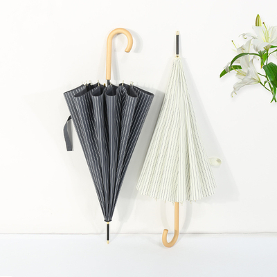 Japanese and Korean Style Striped Cloth Wooden Hook Handle Umbrella Auto Open Feature