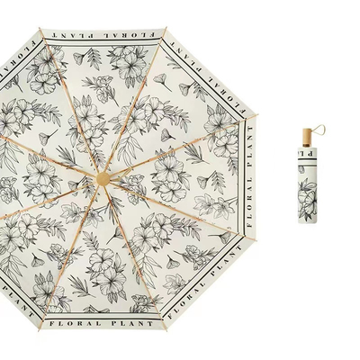 Classic Style Chinese Flower Printing Wooden Handle 3 Fold Umbrella for Wedding Decor