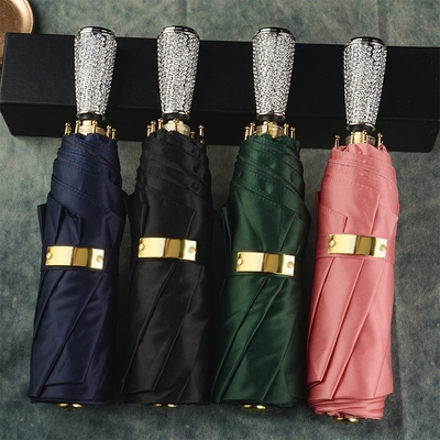 Manual Control Diamond Insert Handle 3 Fold Umbrella Unique Rain Umbrellas for Women