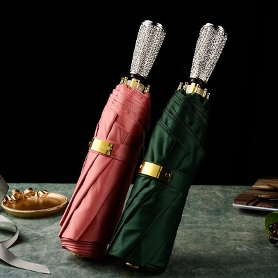 Manual Control Diamond Insert Handle 3 Fold Umbrella Unique Rain Umbrellas for Women
