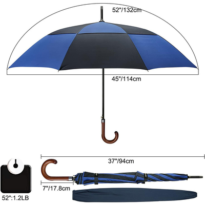 132cm Open Diameter Fiberglass Shaft Golf Umbrella with Wood Curved Handle Customized