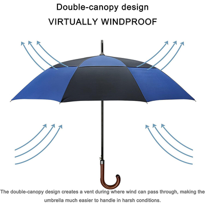 132cm Open Diameter Fiberglass Shaft Golf Umbrella with Wood Curved Handle Customized