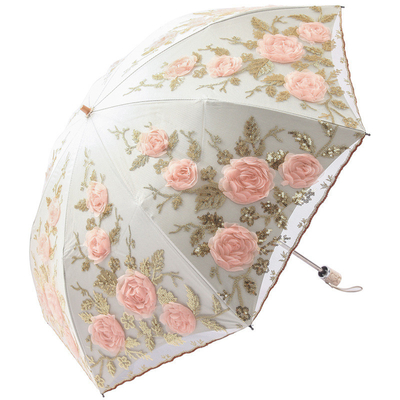 Pongee Panel Lace Embroidered Tiger Bone Umbrella for UV Protection and Sunshade