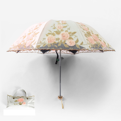 Pongee Panel Lace Embroidered Tiger Bone Umbrella for UV Protection and Sunshade