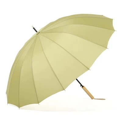 Fiberglass Shaft 16K Large Windproof Yellow Golf Umbrella with Straight Wooden Handle