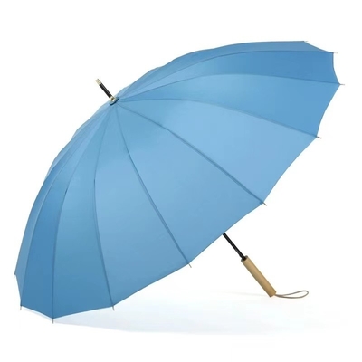 Fiberglass Shaft 16K Large Windproof Yellow Golf Umbrella with Straight Wooden Handle