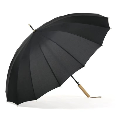 Fiberglass Shaft 16K Large Windproof Yellow Golf Umbrella with Straight Wooden Handle