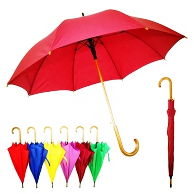 Auto Open Long Fiberglass Frame Stick Umbrella with Wooden Handle and Custom Design
