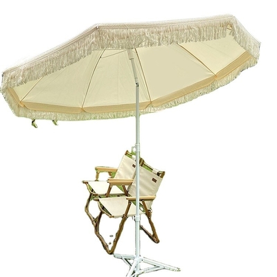 White Power Coated Steel Frame Large Outdoor Beach Umbrella with Tassels and Sunshade