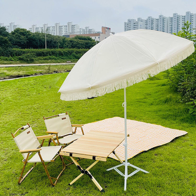 White Power Coated Steel Frame Large Outdoor Beach Umbrella with Tassels and Sunshade