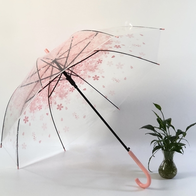 Plastic J Handle Customized Professional POE Clear Compact Sakura Umbrella for Travel