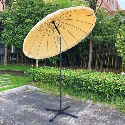 16K Vintage Boho Wooden Pole Canvas Yellow Fringe Sun Outdoor Parasols Beach Umbrellas With Tassels
