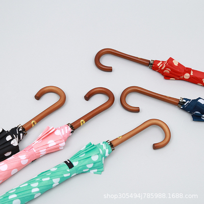 Long Handle Printed Umbrella with Solid Wood Curved Handle and 190T-50D Pongee Fabric