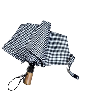 190T Pongee Fabric Plaid Pattern Business Gift Custom Logo 10rib Wooden Handle Umbrella