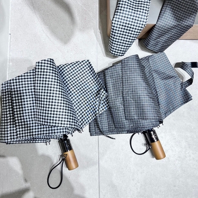 190T Pongee Fabric Plaid Pattern Business Gift Custom Logo 10rib Wooden Handle Umbrella