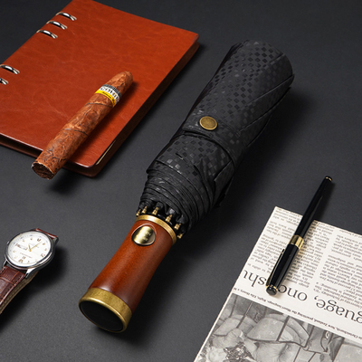 Business Gift Auto Three Folding Umbrella with Solid Wood Handle and Fiberglass Ribs