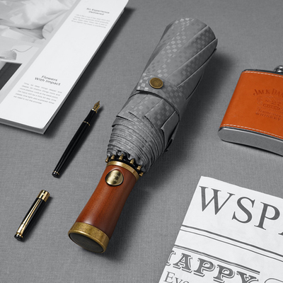 Business Gift Auto Three Folding Umbrella with Solid Wood Handle and Fiberglass Ribs