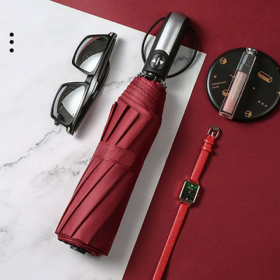 Custom Logo Dark Red Triple Fold Umbrella for Advertising or Gifts All in 1 Function