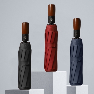 3 Folding Automatic Business Umbrella with Customized Logo Printed and Wooden Handle
