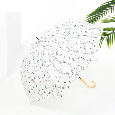 Fresh Design Leaf Cherry Wooden Handle Straight Umbrella Automatic Open Waterproof Fashion Umbrella
